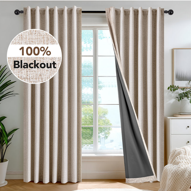 100% Blackout Faux Linen Curtains - Thermal Noise Reducing Drapes