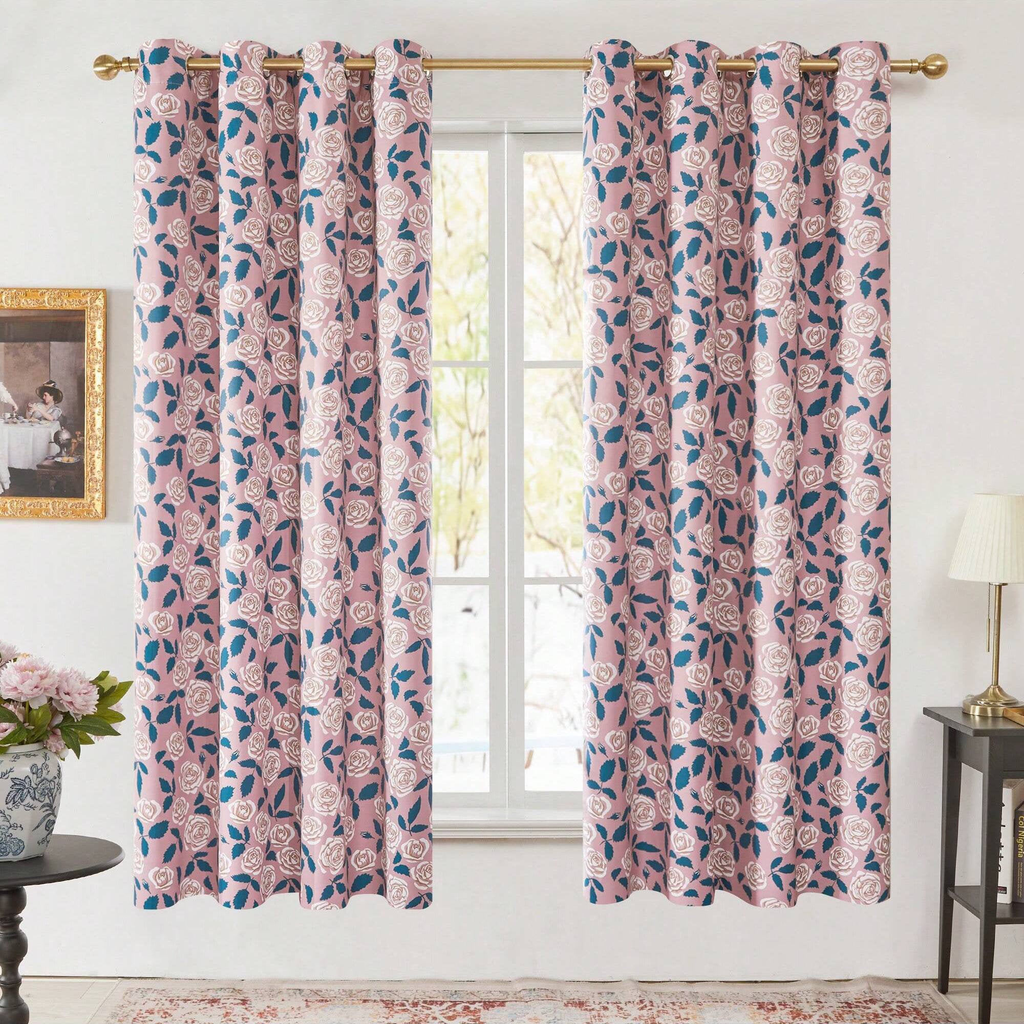 Floral Blackout Curtains Set of 2 Thermal Grommet Panels for Bedroom