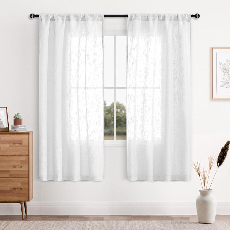 White Faux Linen Sheer Curtains - Set of 2 Rod Pocket Voile Panels