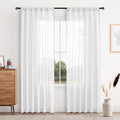 White Faux Linen Sheer Curtains - Set of 2 Rod Pocket Voile Panels