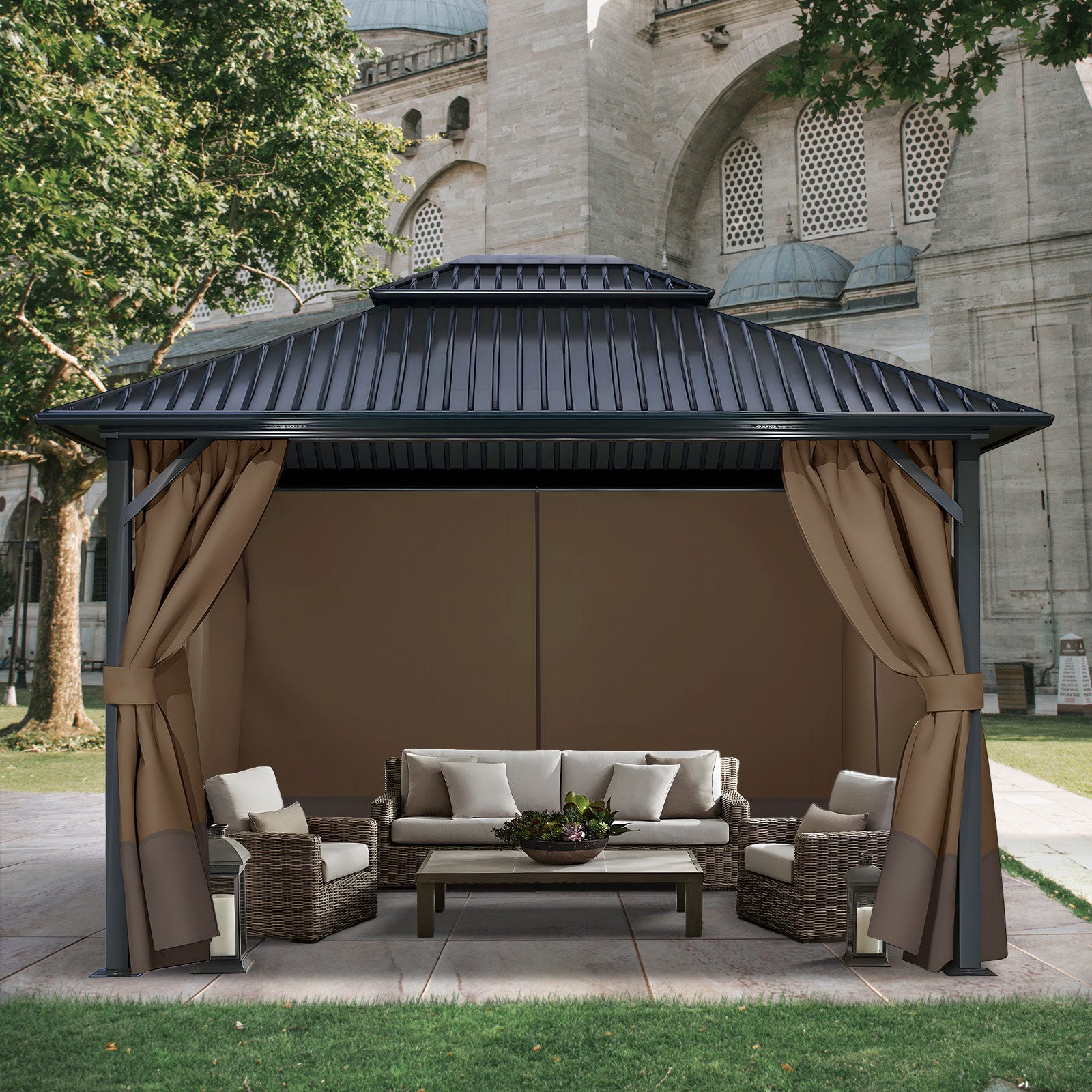 4-Panel Outdoor Gazebo Curtains - Waterproof Polyester Privacy Drapes