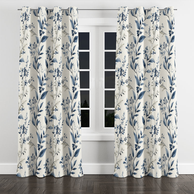 Blue Botanical Toile Velvet Curtains - Farmhouse Room Darkening Panel