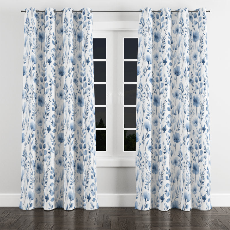Coastal Blue Meadow Floral Blackout Curtains - Faux Linen Grommet Panel