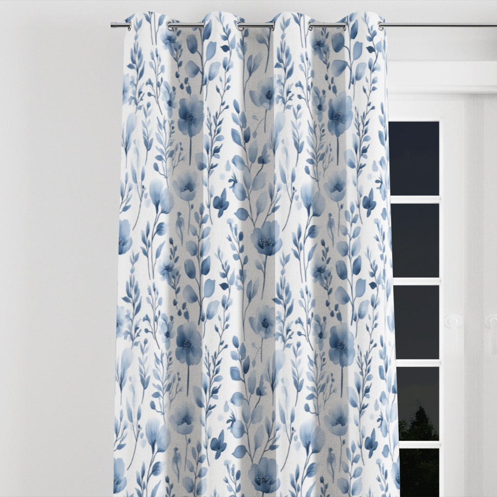 Coastal Blue Meadow Floral Blackout Curtains - Faux Linen Grommet Panel