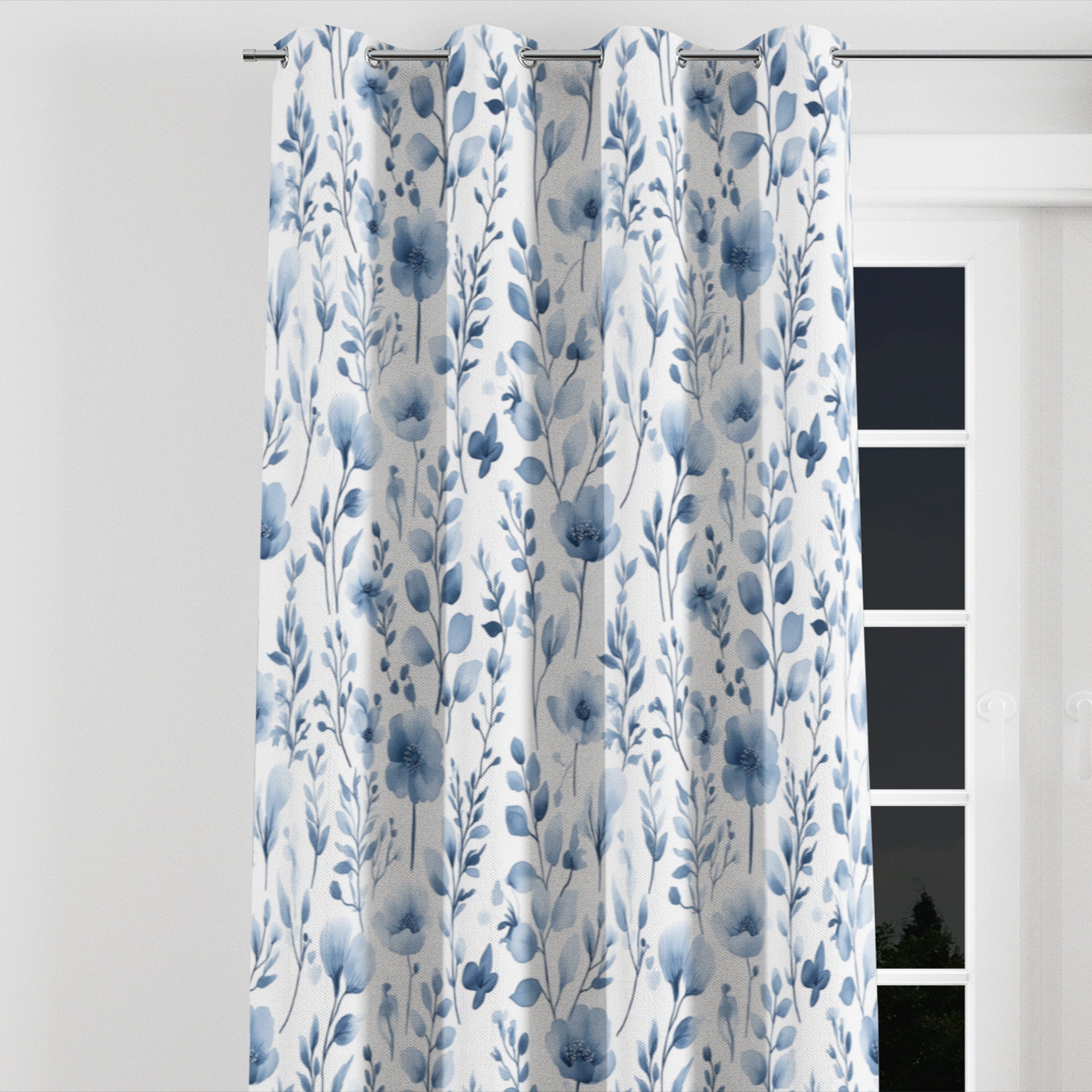 Coastal Blue Meadow Floral Blackout Curtains - Faux Linen Grommet Panel