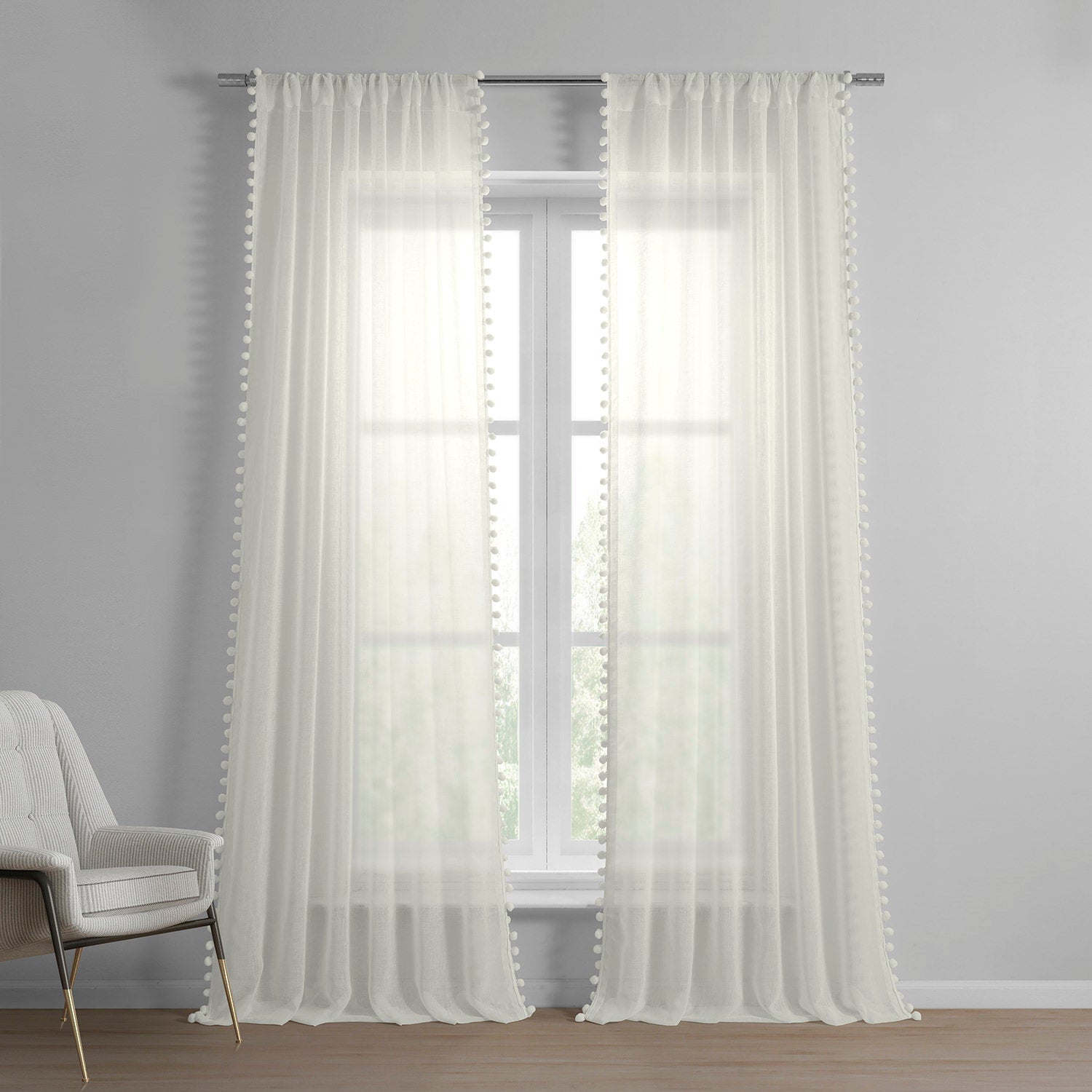 Hoffert Faux Linen Sheer Curtains - Pompom Fringe for Living Room