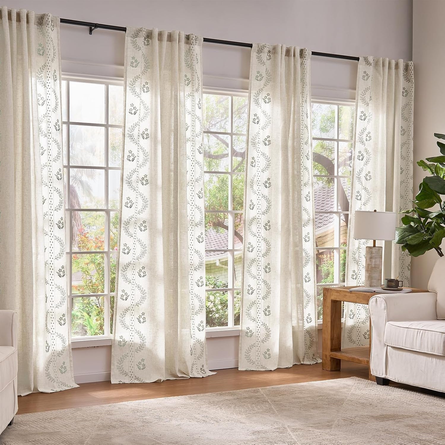 Linen Floral Embroidered Farmhouse Curtains - 4 Panel Set