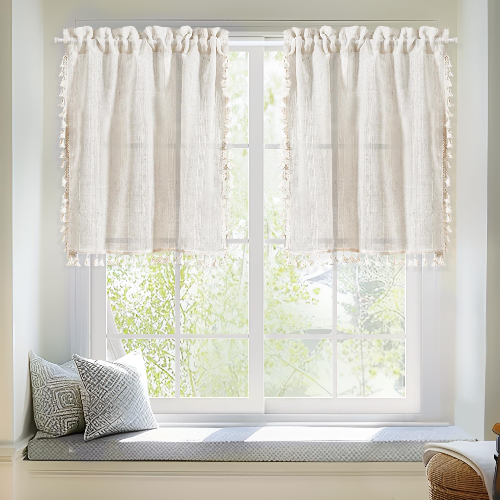 Farmhouse Linen Kitchen Curtains - Fringed Semi Sheer Tier Set