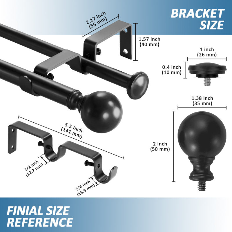 Double Curtain Rod Set | Adjustable Metal Black | Window Treatment