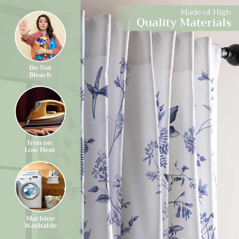 White Cotton Window Curtains - Neo Ipomee Watercolor Set of 2