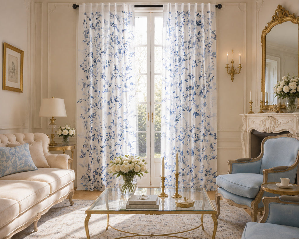 White Cotton Window Curtains - Neo Ipomee Watercolor Set of 2