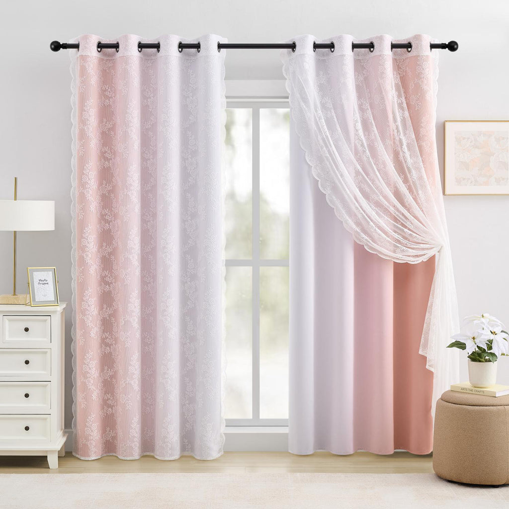 Ombre Blackout & Leaf Sheer Curtain Set - 4 Pcs for Living Room