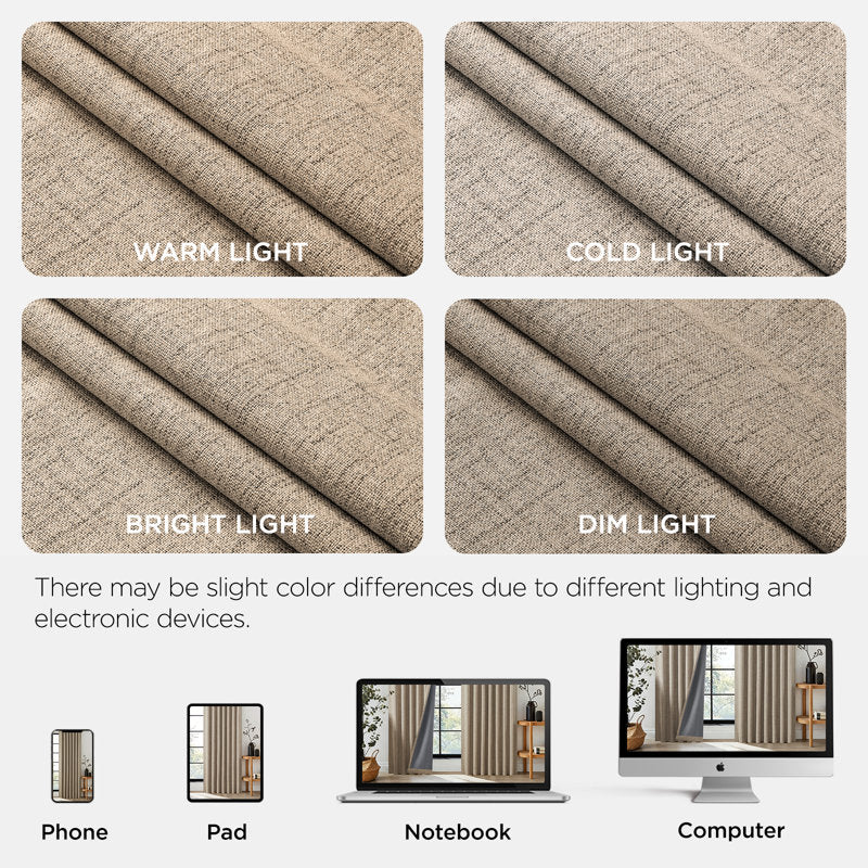 100% Blackout Faux Linen Thermal Curtains for Bedroom - Set of 2