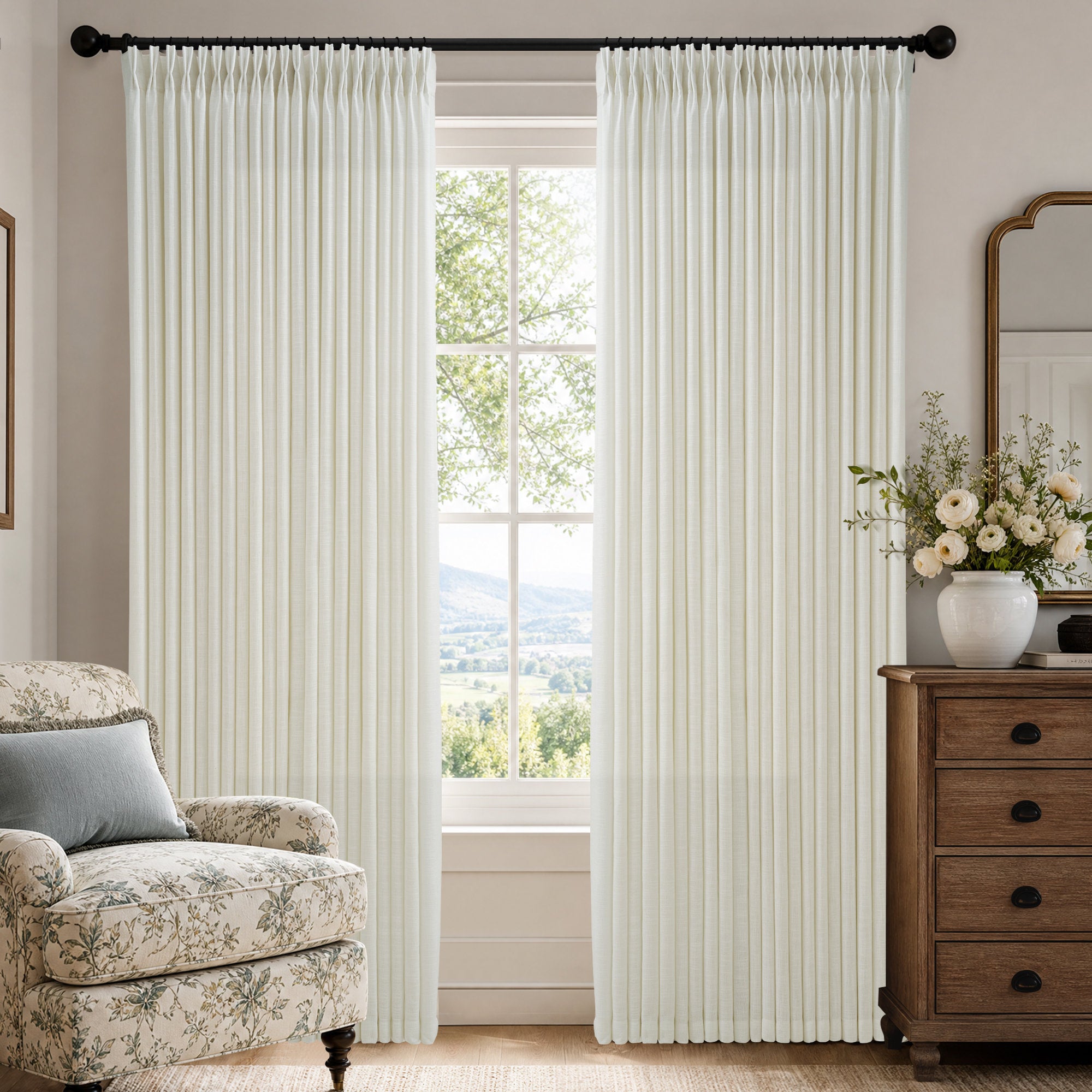 Pinch Pleated Linen Blend Curtains - Semi Sheer Drapes for Living Room