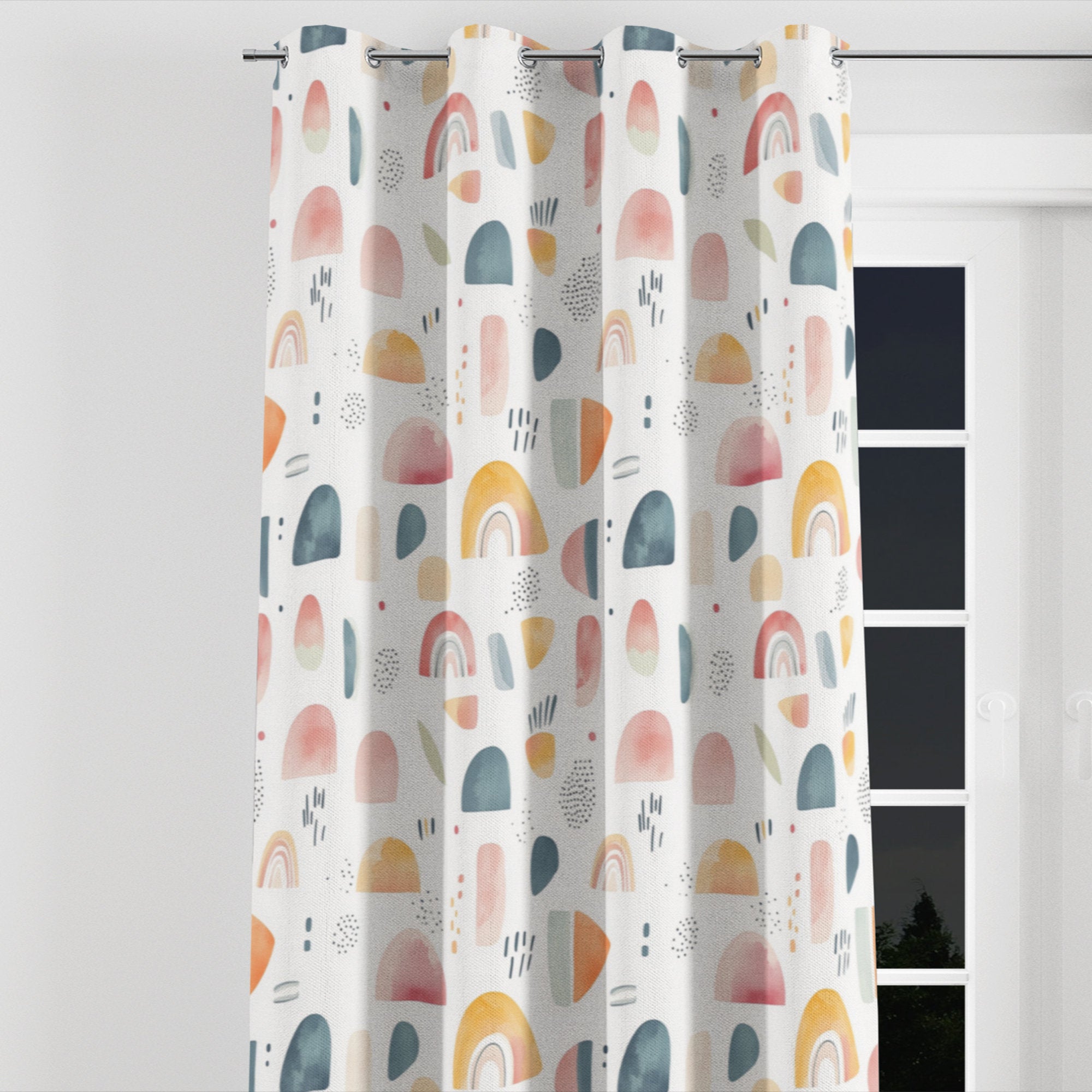 Rainbow Shapes Kids Blackout Curtains - Faux Linen Grommet Drapes
